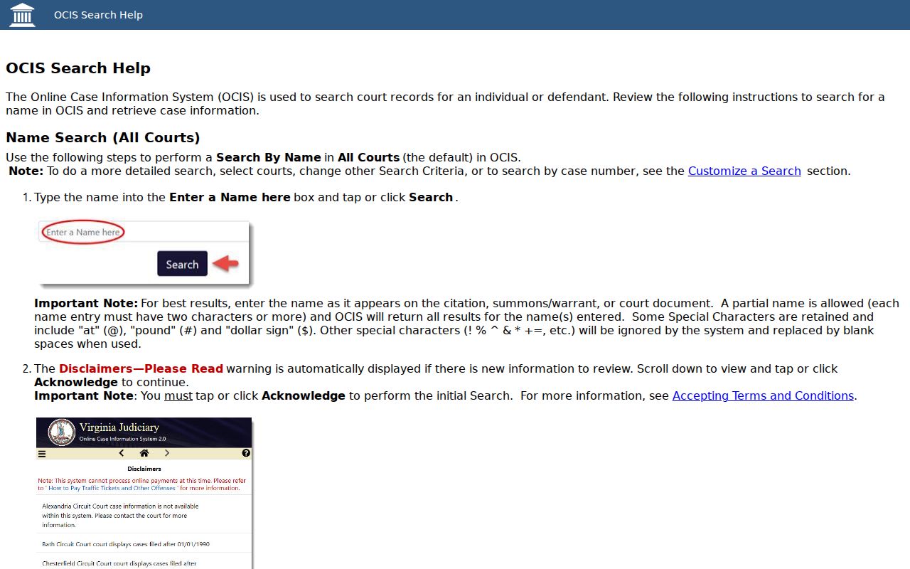 Accomack County warrant records, partial-name search instructions